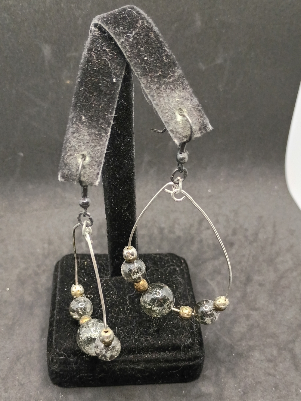 Silver Hoop Drop Earrings with Gray Crackle Beads
